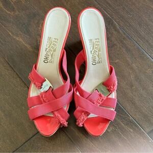 Salvatore Ferragamo Pink Grosgrain Logo Cork Wedge Sandals 8.5